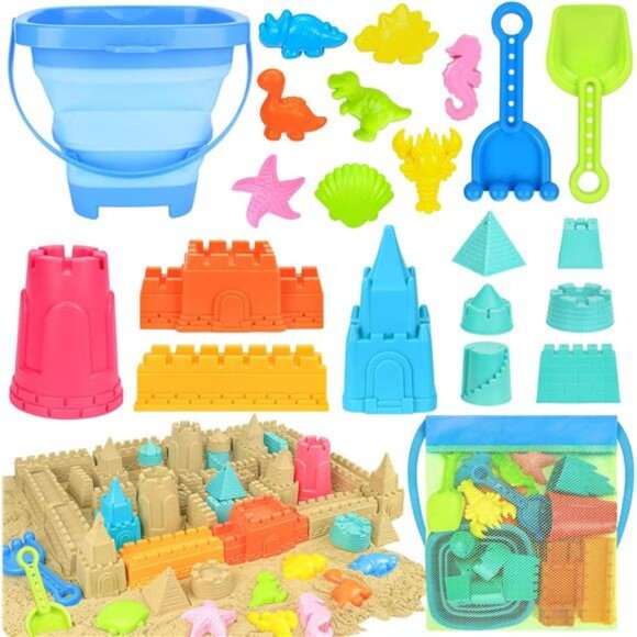 Collapsible Beach Toys for Kids, Sand Bucket and Shovels Set with Mesh Bag - Picture 1 of 8